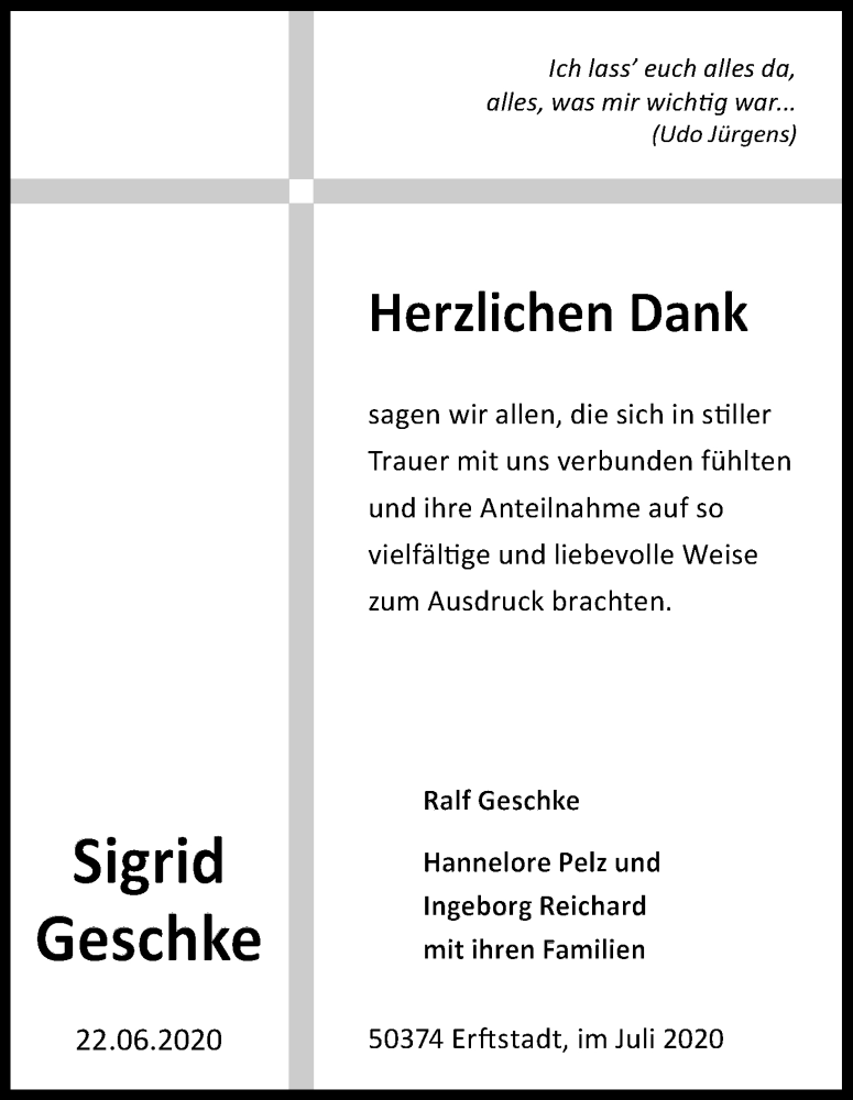  Traueranzeige für Sigrid Geschke vom 25.07.2020 aus Kölner Stadt-Anzeiger / Kölnische Rundschau / Express