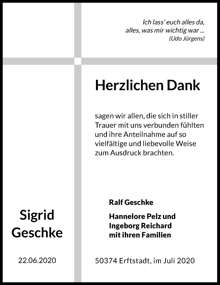  Traueranzeige für Sigrid Geschke vom 18.07.2020 aus Kölner Stadt-Anzeiger / Kölnische Rundschau / Express