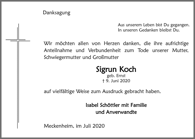  Traueranzeige für Sigrun Koch vom 24.07.2020 aus  Anzeigen Echo 