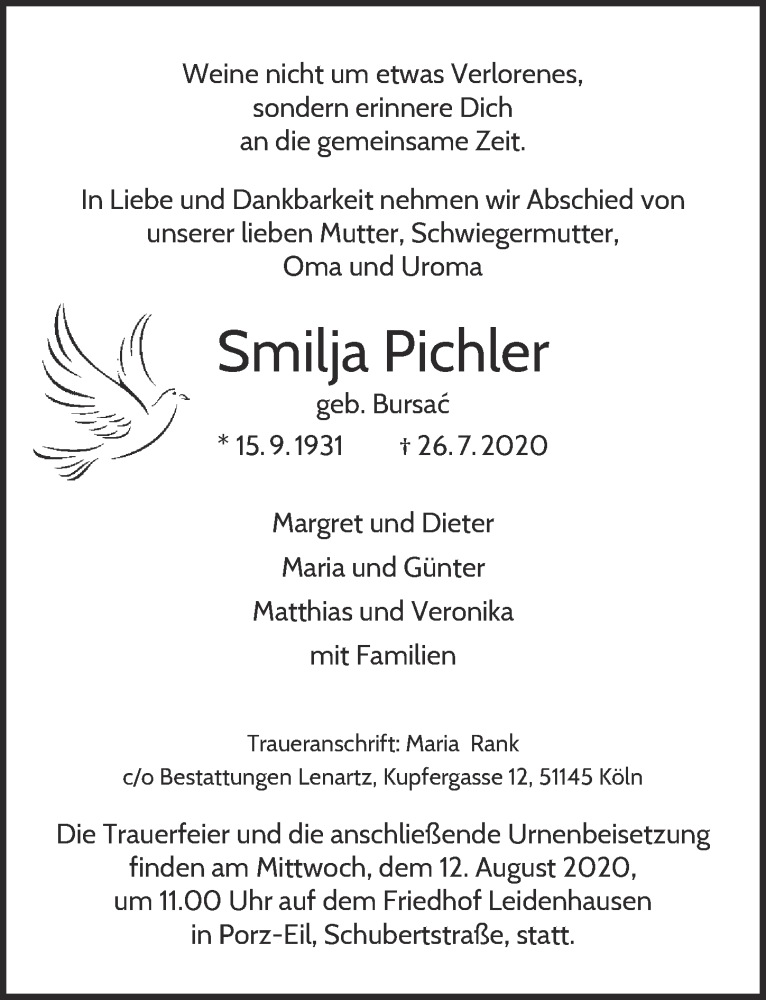  Traueranzeige für Smilja Pichler vom 31.07.2020 aus  Kölner Wochenspiegel 