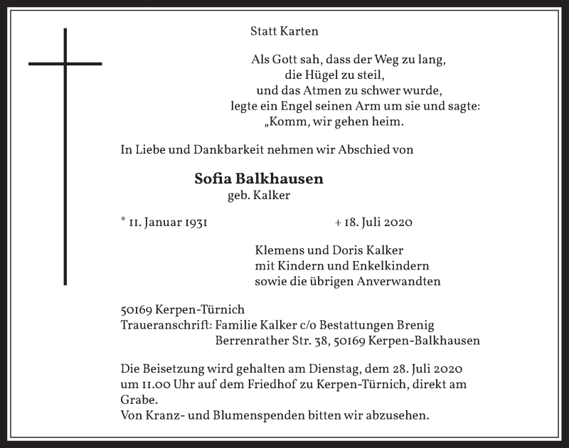  Traueranzeige für Sofia Balkhausen vom 24.07.2020 aus  Werbepost 
