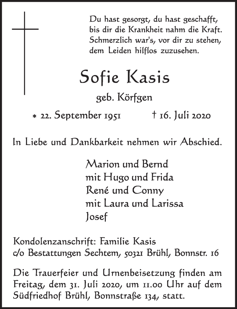  Traueranzeige für Sofie Kasis vom 24.07.2020 aus  Schlossbote/Werbekurier 