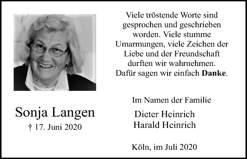  Traueranzeige für Sonja Langen vom 08.07.2020 aus Kölner Stadt-Anzeiger / Kölnische Rundschau / Express