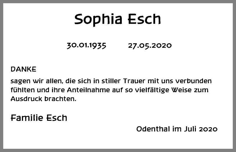  Traueranzeige für Sophia Esch vom 25.07.2020 aus Kölner Stadt-Anzeiger / Kölnische Rundschau / Express
