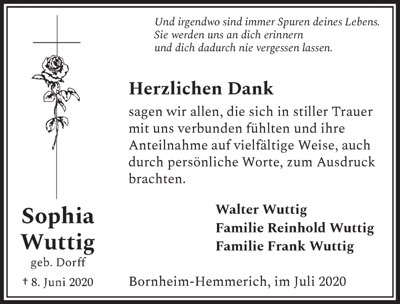  Traueranzeige für Sophia Wuttig vom 24.07.2020 aus  Schaufenster/Blickpunkt 