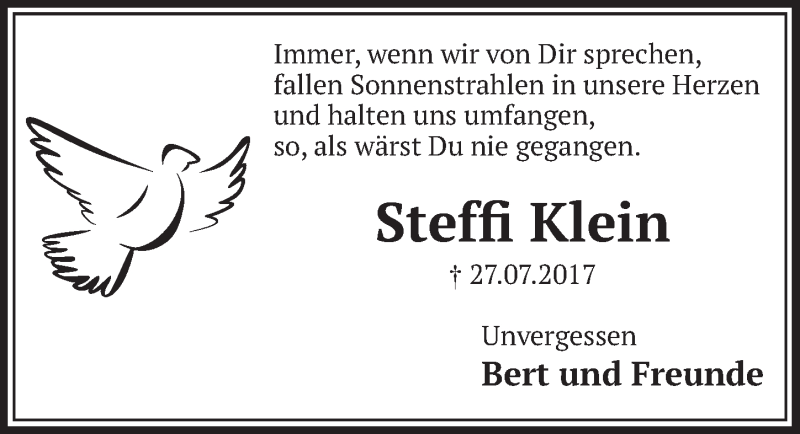  Traueranzeige für Steffi Klein vom 24.07.2020 aus  Schlossbote/Werbekurier 