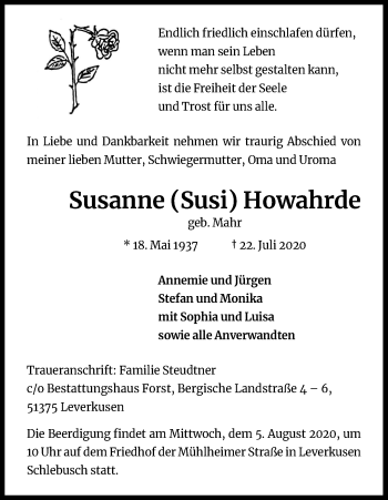 Anzeige von Susanne Howahrde von Kölner Stadt-Anzeiger / Kölnische Rundschau / Express