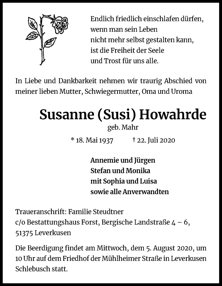  Traueranzeige für Susanne Howahrde vom 30.07.2020 aus Kölner Stadt-Anzeiger / Kölnische Rundschau / Express