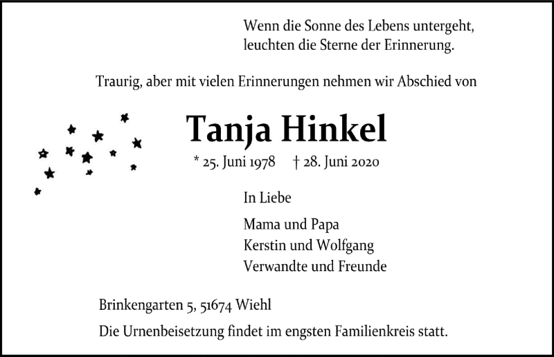  Traueranzeige für Tanja Hinkel vom 03.07.2020 aus  Anzeigen Echo 