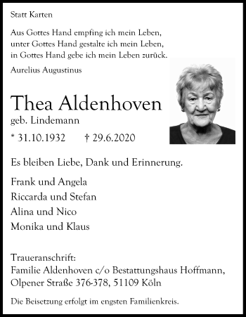 Anzeige von Thea Aldenhoven von Kölner Stadt-Anzeiger / Kölnische Rundschau / Express