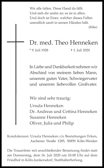 Anzeige von Theo Henneken von Kölner Stadt-Anzeiger / Kölnische Rundschau / Express