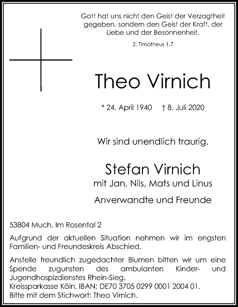  Traueranzeige für Theo Virnich vom 14.07.2020 aus Kölner Stadt-Anzeiger / Kölnische Rundschau / Express