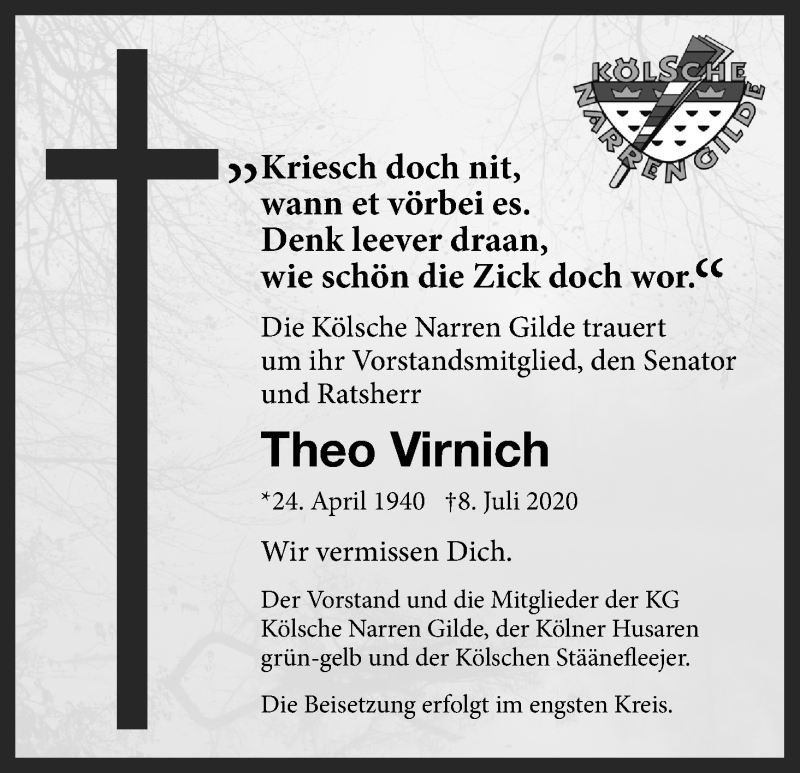  Traueranzeige für Theo Virnich vom 15.07.2020 aus Kölner Stadt-Anzeiger / Kölnische Rundschau / Express