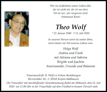 Anzeige von Theo Wolf von  Werbepost 