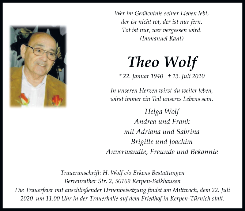  Traueranzeige für Theo Wolf vom 17.07.2020 aus  Werbepost 
