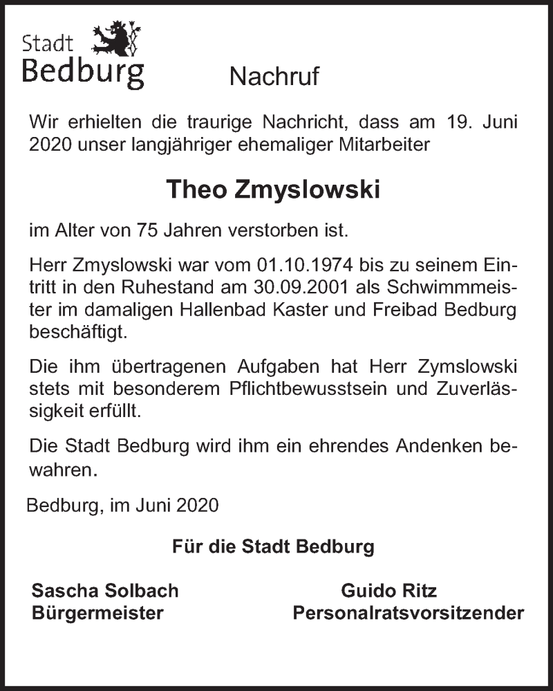  Traueranzeige für Theo Zmyslowski vom 03.07.2020 aus  Werbepost 