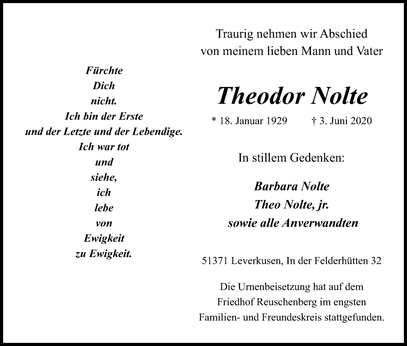  Traueranzeige für Theodor Nolte vom 07.07.2020 aus Kölner Stadt-Anzeiger / Kölnische Rundschau / Express