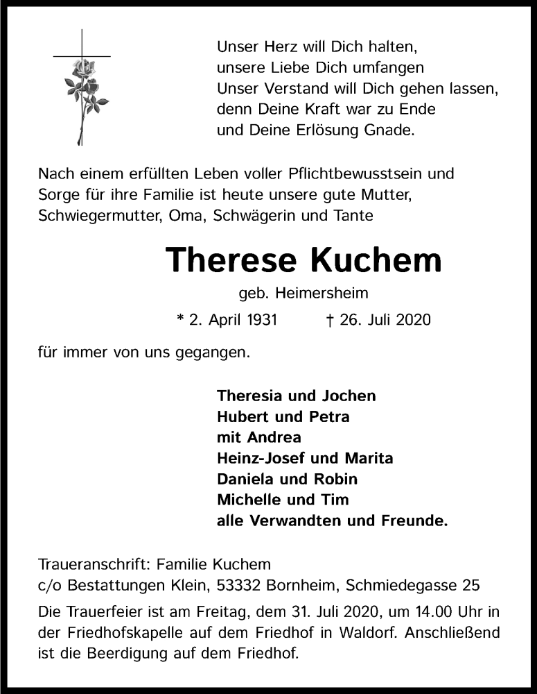  Traueranzeige für Therese Kuchem vom 29.07.2020 aus Kölner Stadt-Anzeiger / Kölnische Rundschau / Express