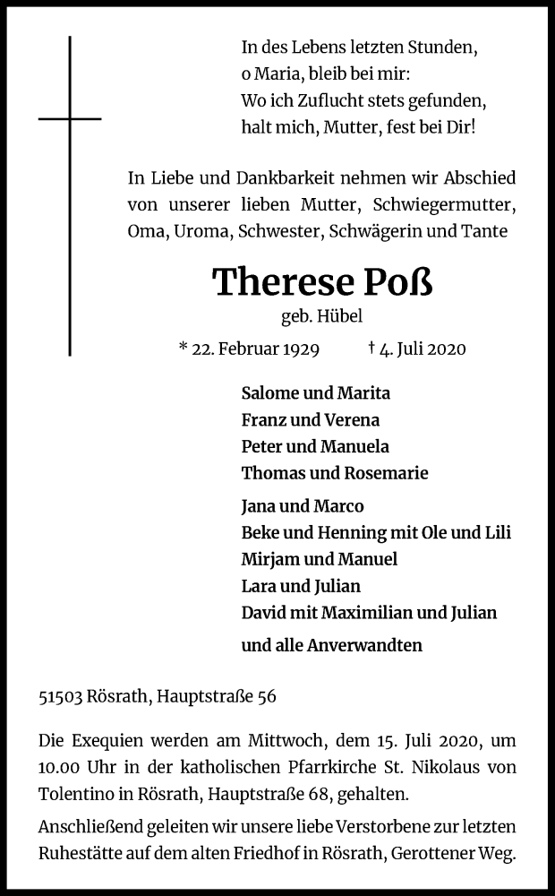 Traueranzeigen Von Therese Poss Wirtrauern Traueranzeigen Von Therese Poss Wirtrauern