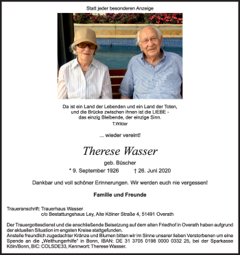 Anzeige von Therese Wasser von Kölner Stadt-Anzeiger / Kölnische Rundschau / Express