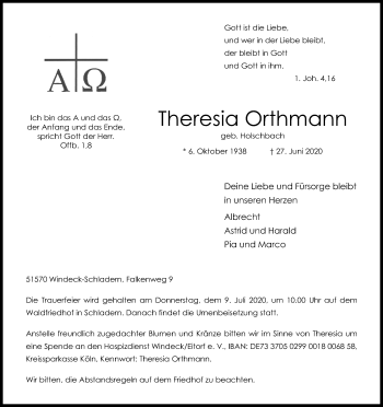 Anzeige von Theresia Orthmann von Kölner Stadt-Anzeiger / Kölnische Rundschau / Express