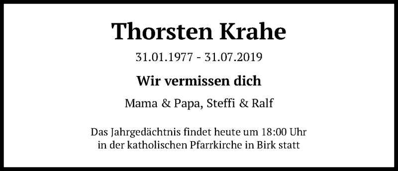  Traueranzeige für Thorsten Krahe vom 31.07.2020 aus Kölner Stadt-Anzeiger / Kölnische Rundschau / Express