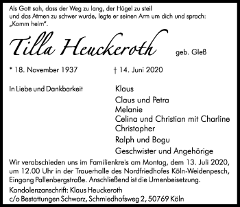 Anzeige von Tilla Heuckeroth von Kölner Stadt-Anzeiger / Kölnische Rundschau / Express