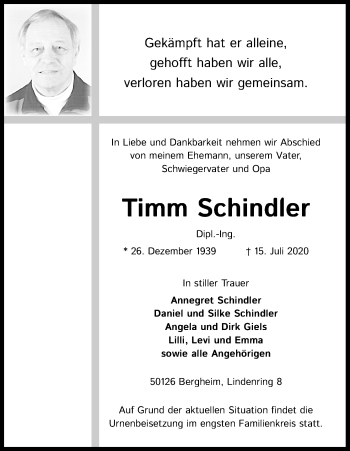 Anzeige von Timm Schindler von Kölner Stadt-Anzeiger / Kölnische Rundschau / Express