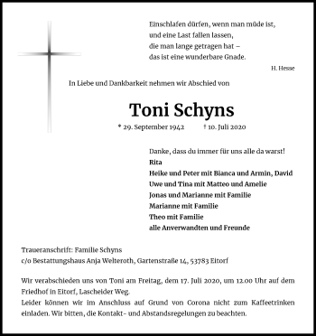 Anzeige von Toni Schyns von Kölner Stadt-Anzeiger / Kölnische Rundschau / Express