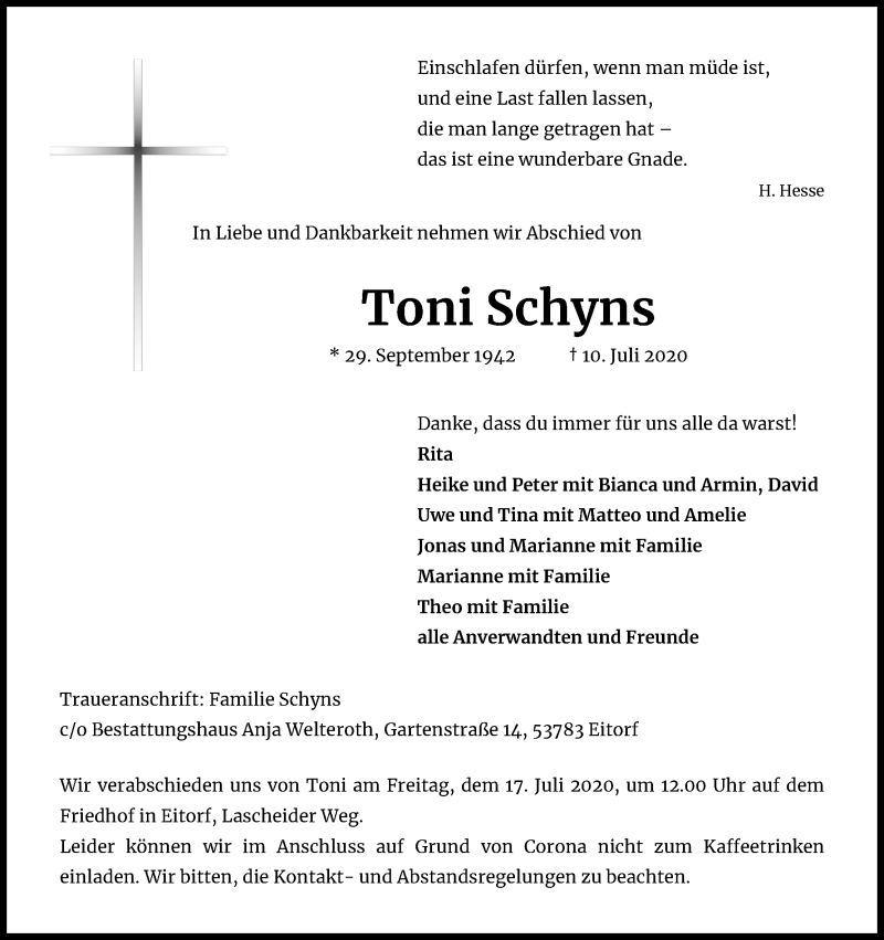  Traueranzeige für Toni Schyns vom 15.07.2020 aus Kölner Stadt-Anzeiger / Kölnische Rundschau / Express