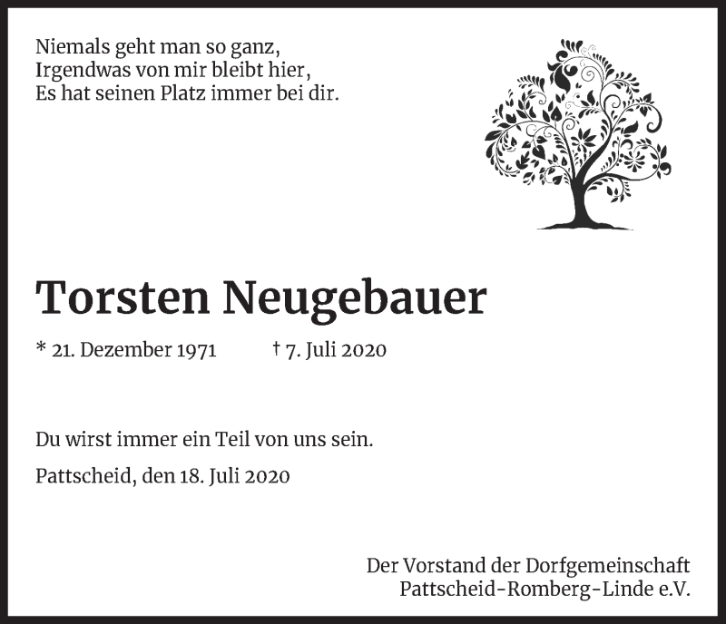  Traueranzeige für Torsten Neugebauer vom 18.07.2020 aus Kölner Stadt-Anzeiger / Kölnische Rundschau / Express