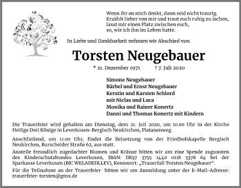 Anzeige von Torsten Neugebauer von Kölner Stadt-Anzeiger / Kölnische Rundschau / Express