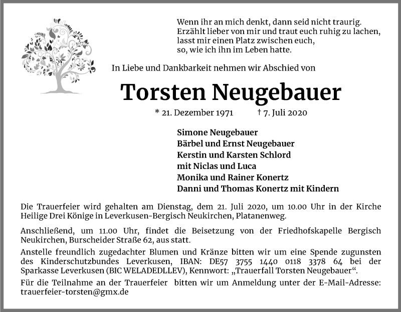 Traueranzeige für Torsten Neugebauer vom 14.07.2020 aus Kölner Stadt-Anzeiger / Kölnische Rundschau / Express