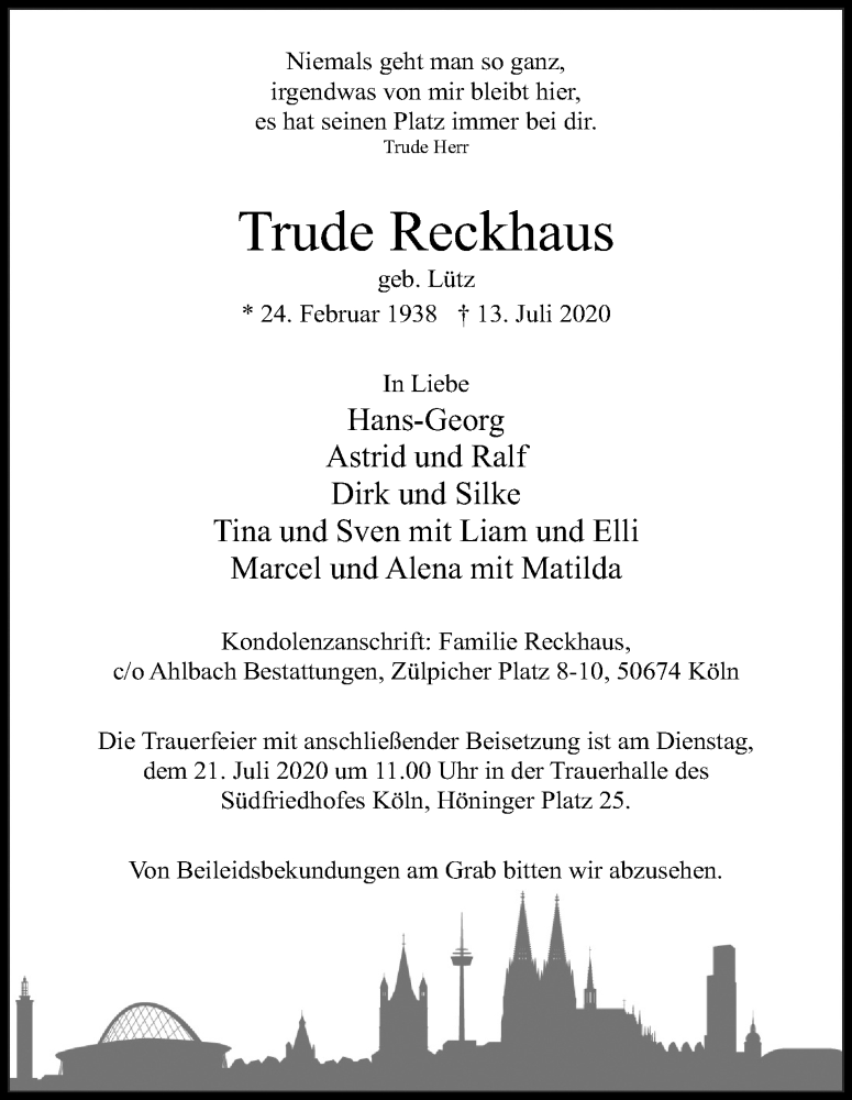  Traueranzeige für Trude Reckhaus vom 15.07.2020 aus Kölner Stadt-Anzeiger / Kölnische Rundschau / Express