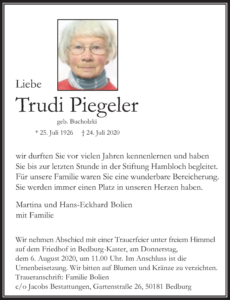  Traueranzeige für Trudi Piegeler vom 31.07.2020 aus  Werbepost 