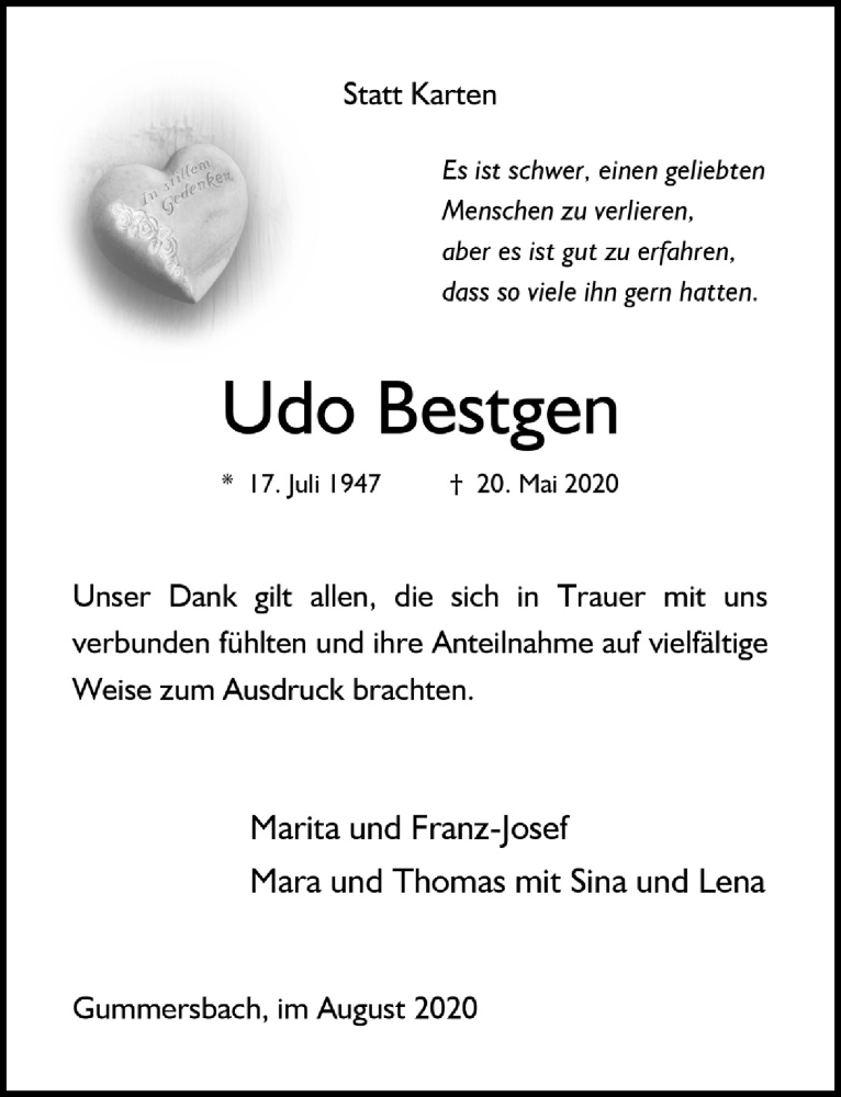  Traueranzeige für Udo Bestgen vom 31.07.2020 aus  Anzeigen Echo 