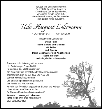Anzeige von Udo August Lehrmann von Kölner Stadt-Anzeiger / Kölnische Rundschau / Express