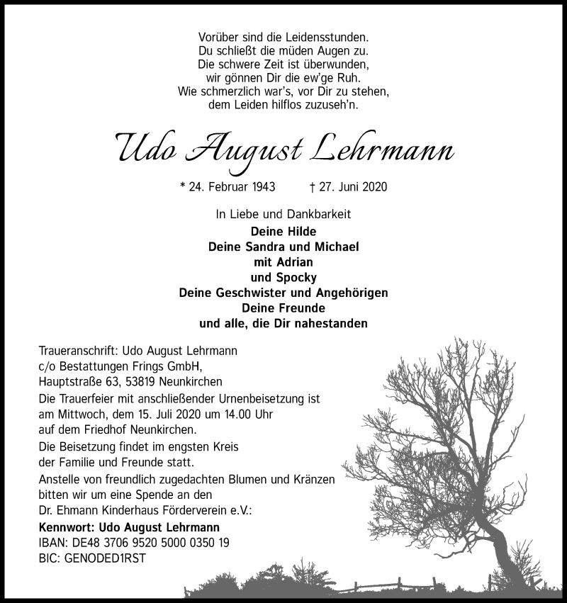  Traueranzeige für Udo August Lehrmann vom 11.07.2020 aus Kölner Stadt-Anzeiger / Kölnische Rundschau / Express