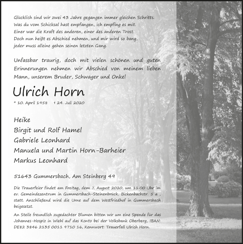  Traueranzeige für Uhrich Horn vom 31.07.2020 aus  Anzeigen Echo 