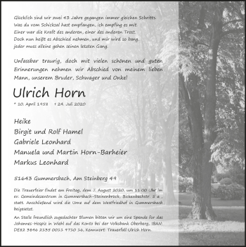 Anzeige von Uhrich Horn von  Anzeigen Echo 