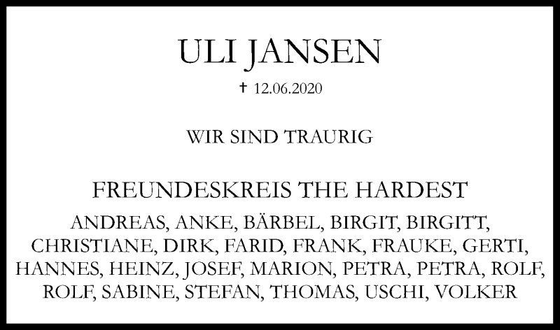  Traueranzeige für Uli Jansen vom 04.07.2020 aus Kölner Stadt-Anzeiger / Kölnische Rundschau / Express
