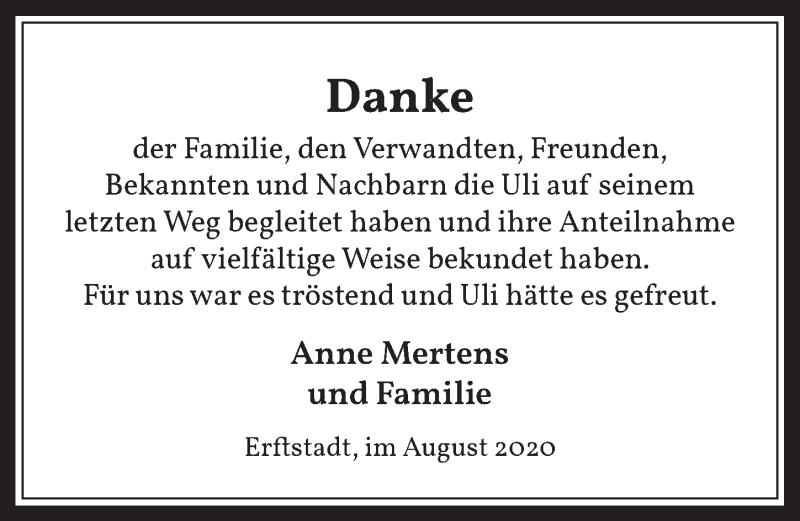  Traueranzeige für Uli Mertens vom 31.07.2020 aus  Werbepost 