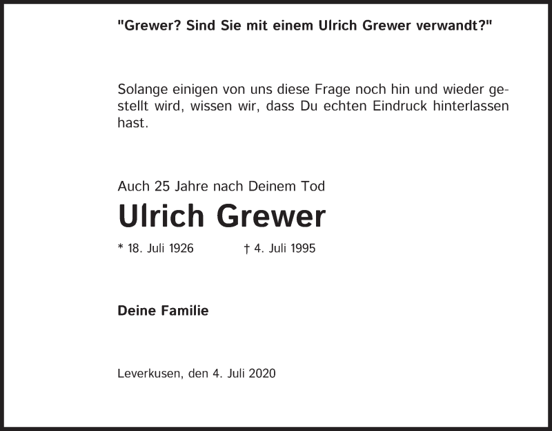  Traueranzeige für Ulrich Grewer vom 04.07.2020 aus Kölner Stadt-Anzeiger / Kölnische Rundschau / Express