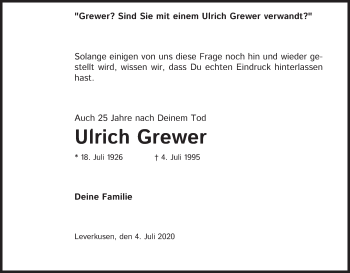Anzeige von Ulrich Grewer von Kölner Stadt-Anzeiger / Kölnische Rundschau / Express