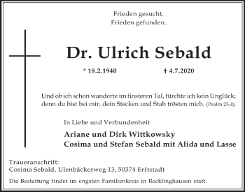 Anzeige von Ulrich Sebald von  Werbepost 