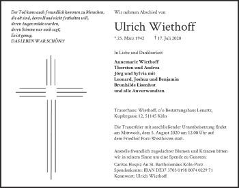 Anzeige von Ulrich Wiethoff von  Kölner Wochenspiegel 