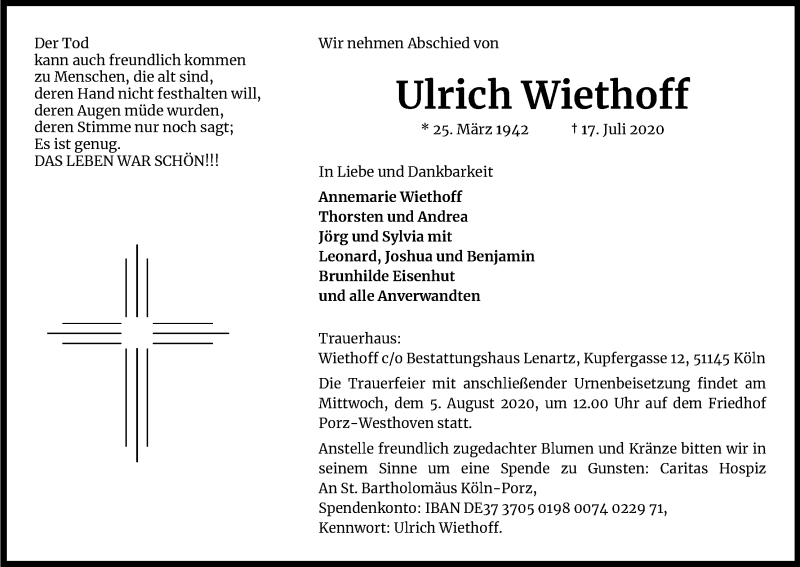  Traueranzeige für Ulrich Wiethoff vom 25.07.2020 aus Kölner Stadt-Anzeiger / Kölnische Rundschau / Express