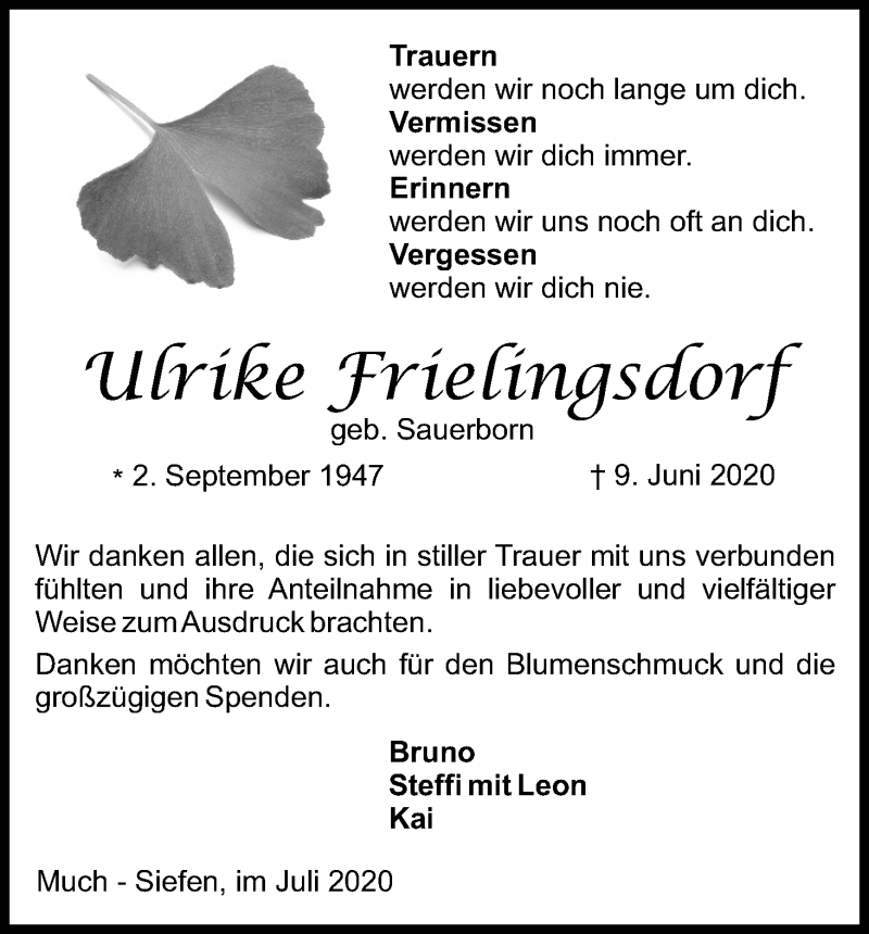  Traueranzeige für Ulrike Frielingsdorf vom 25.07.2020 aus Kölner Stadt-Anzeiger / Kölnische Rundschau / Express