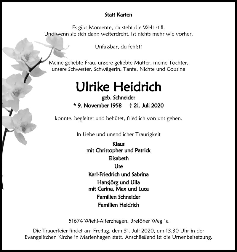  Traueranzeige für Ulrike Heidrich vom 25.07.2020 aus Kölner Stadt-Anzeiger / Kölnische Rundschau / Express