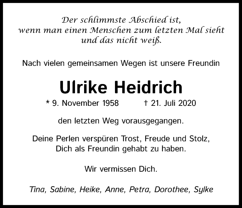  Traueranzeige für Ulrike Heidrich vom 30.07.2020 aus Kölner Stadt-Anzeiger / Kölnische Rundschau / Express